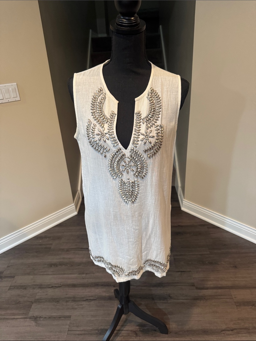 Beaded Ivory Sleeveless Tunic with Metallic Embellishment